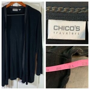 Chicos 2 Travelers‎ Black Open Front Cardigan Size Large Metallic Chainlink Trim